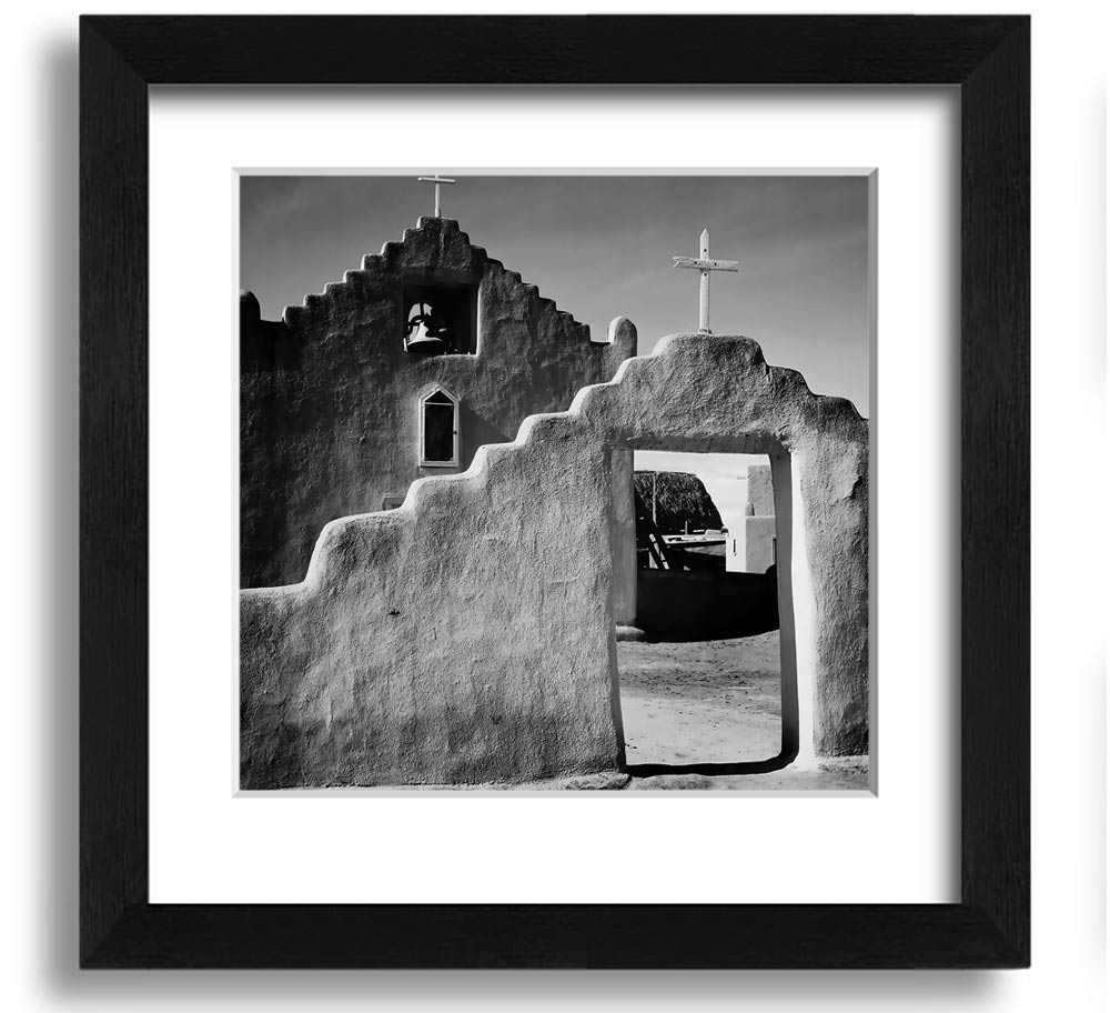 Square framed print of Ansel Adams' Church in Taos Pueblo, showcasing intricate details and available in various frame colors.