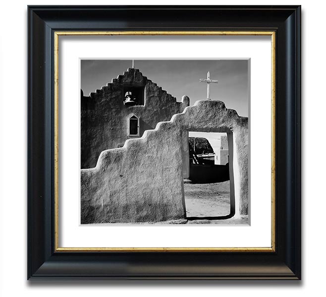 Square framed print of Ansel Adams' Church in Taos Pueblo, showcasing intricate details and available in various frame colors.