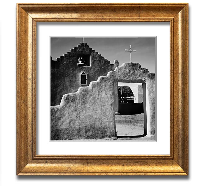 Square framed print of Ansel Adams' Church in Taos Pueblo, showcasing intricate details and available in various frame colors.