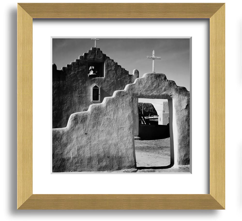 Square framed print of Ansel Adams' Church in Taos Pueblo, showcasing intricate details and available in various frame colors.