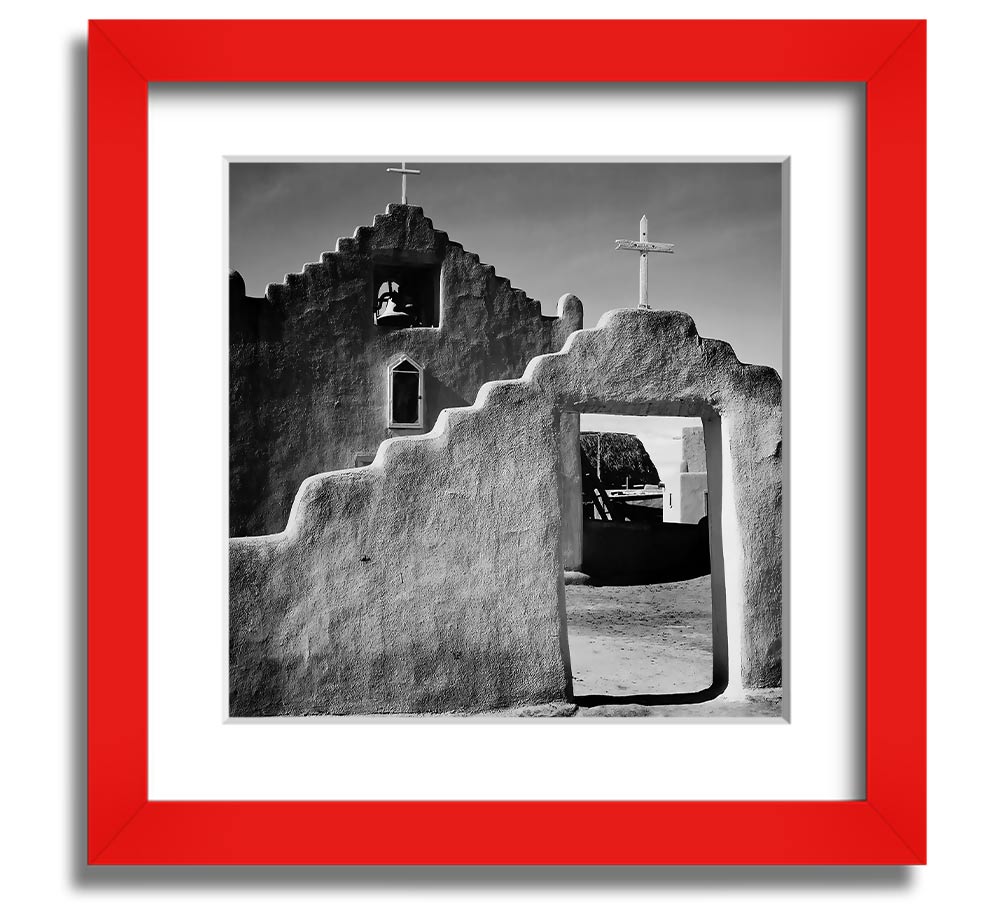 Square framed print of Ansel Adams' Church in Taos Pueblo, showcasing intricate details and available in various frame colors.