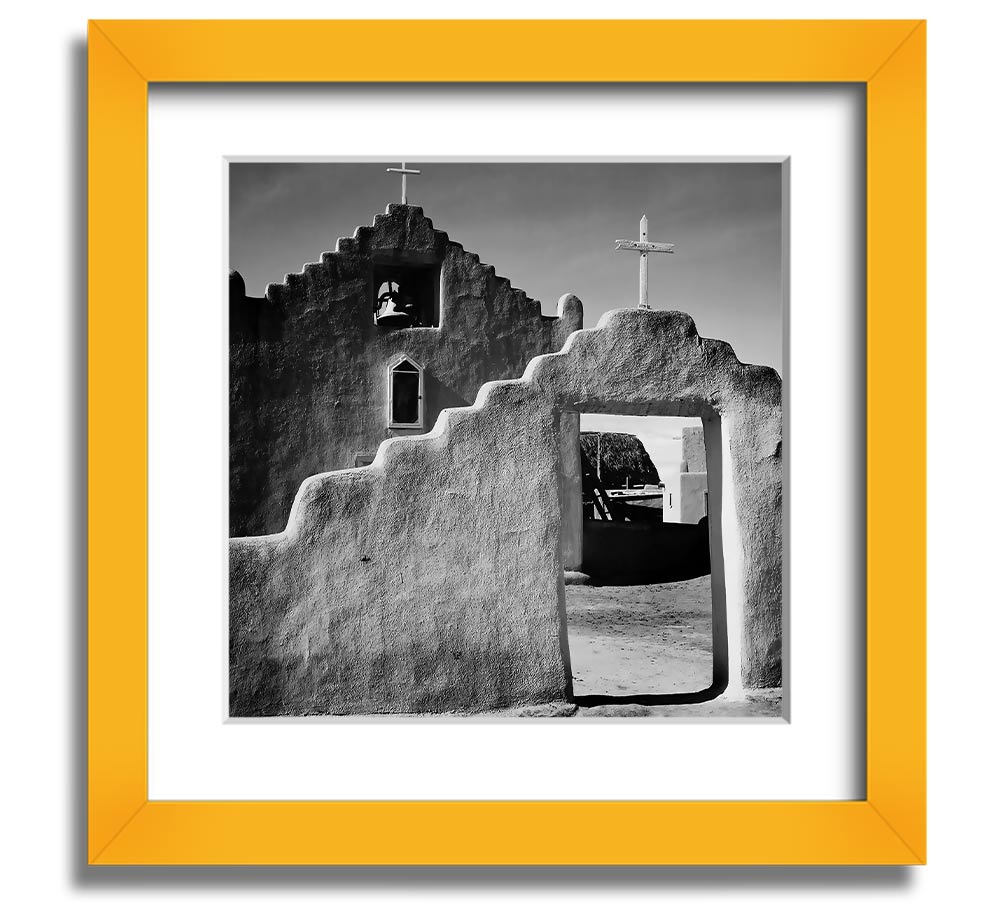 Square framed print of Ansel Adams' Church in Taos Pueblo, showcasing intricate details and available in various frame colors.