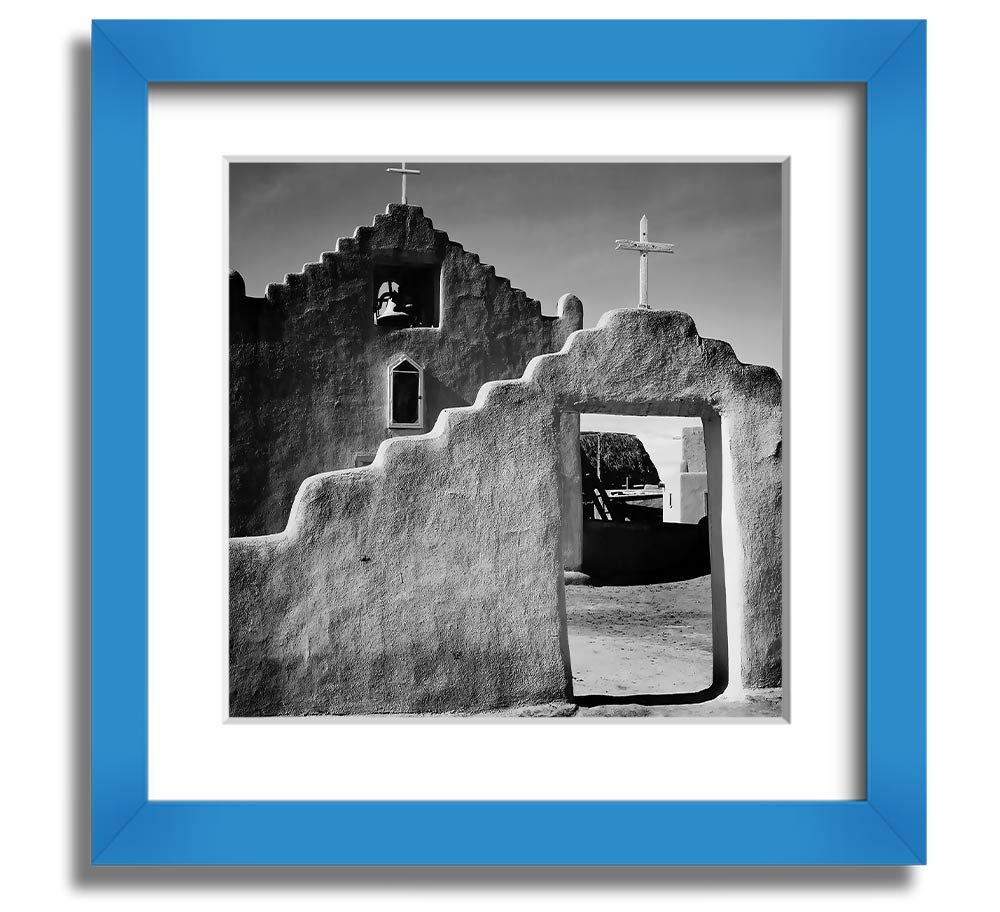 Square framed print of Ansel Adams' Church in Taos Pueblo, showcasing intricate details and available in various frame colors.