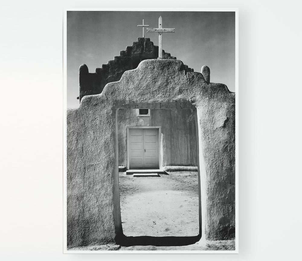 Ansel Adams Church Intaos Pueblo New Mexico canvas poster showcasing stunning landscape photography.