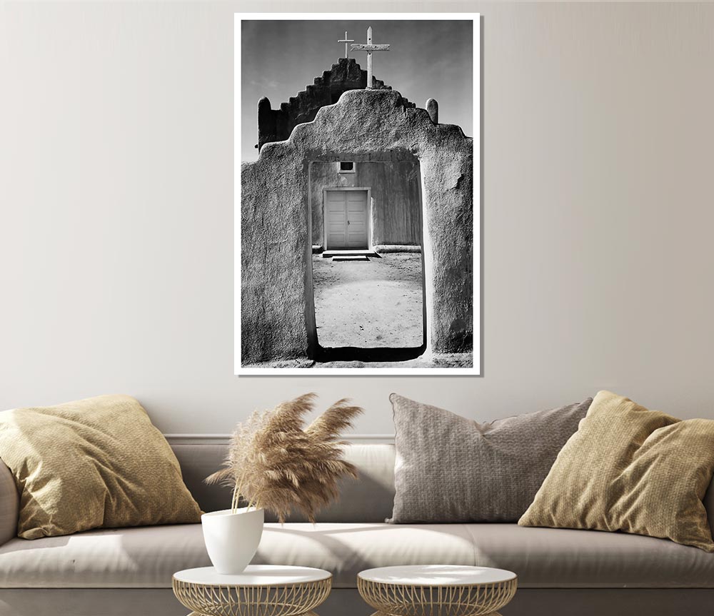 Ansel Adams Church Intaos Pueblo New Mexico canvas poster showcasing stunning landscape photography.