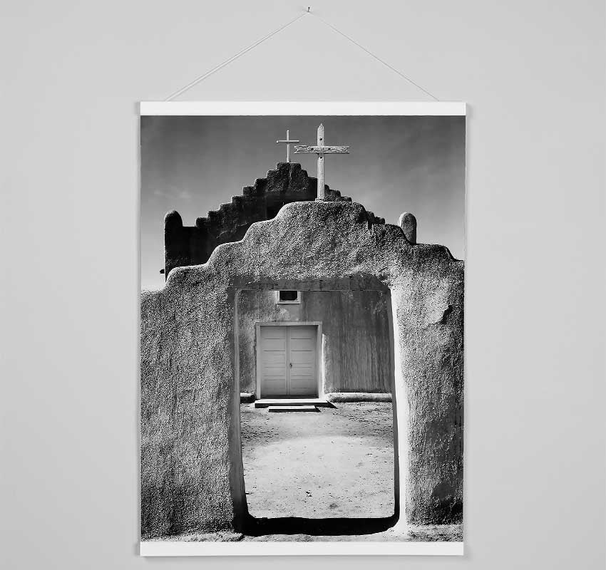 Elegant wooden poster hangers displaying Ansel Adams Church Intaos Pueblo print, featuring magnetic fastening and stylish design.