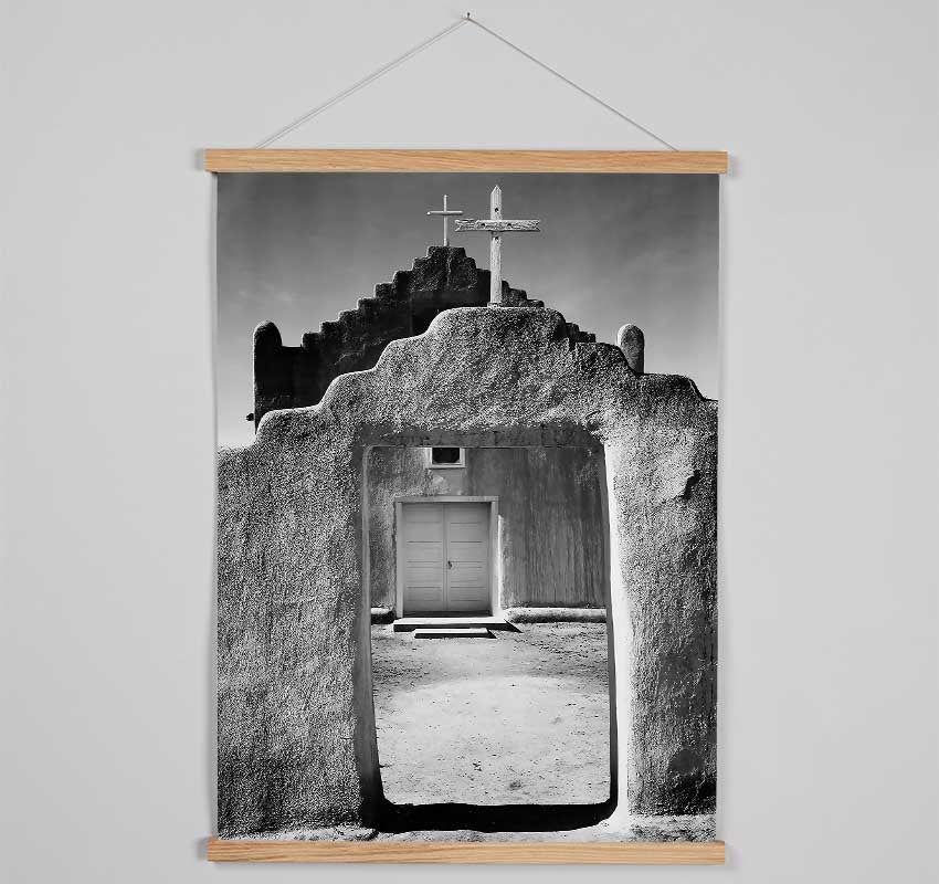 Elegant wooden poster hangers displaying Ansel Adams Church Intaos Pueblo print, featuring magnetic fastening and stylish design.