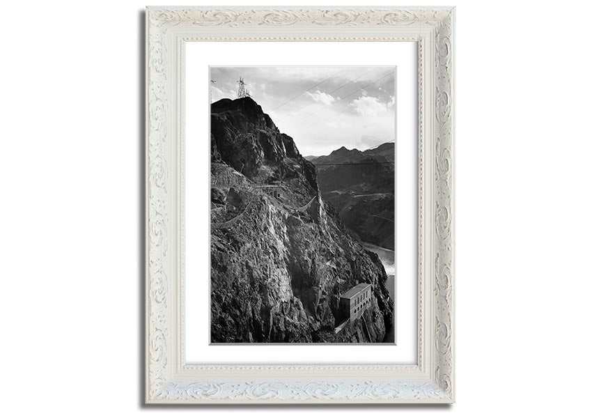 Framed print of Ansel Adams' Cliffs Above Boulder Dam, showcasing stunning black-and-white landscape photography.