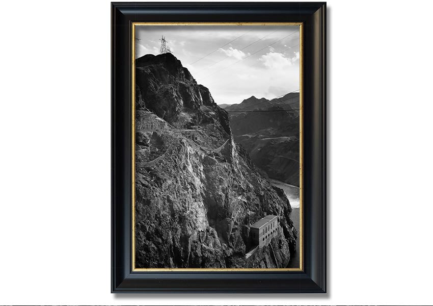 Framed print of Ansel Adams' Cliffs Above Boulder Dam, showcasing stunning black-and-white landscape photography.