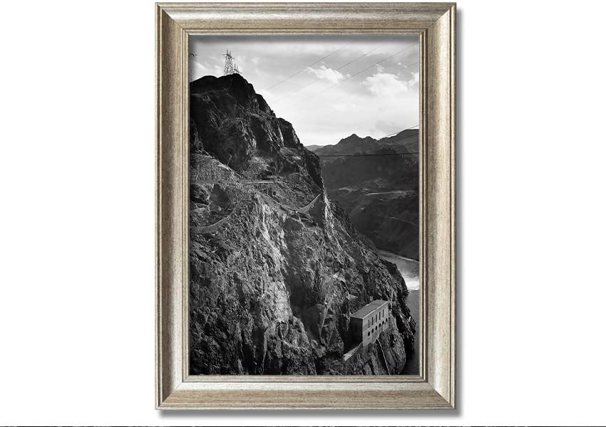 Framed print of Ansel Adams' Cliffs Above Boulder Dam, showcasing stunning black-and-white landscape photography.