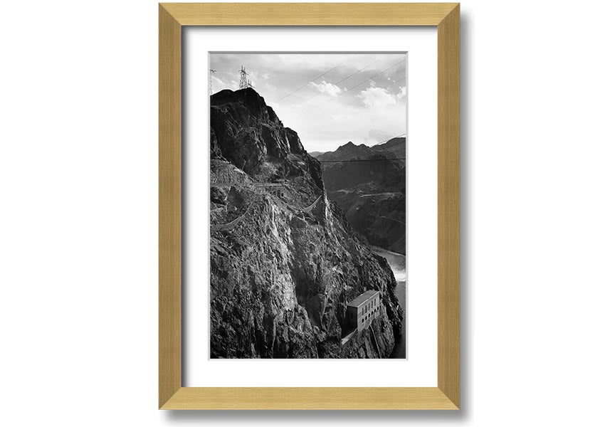 Framed print of Ansel Adams' Cliffs Above Boulder Dam, showcasing stunning black-and-white landscape photography.