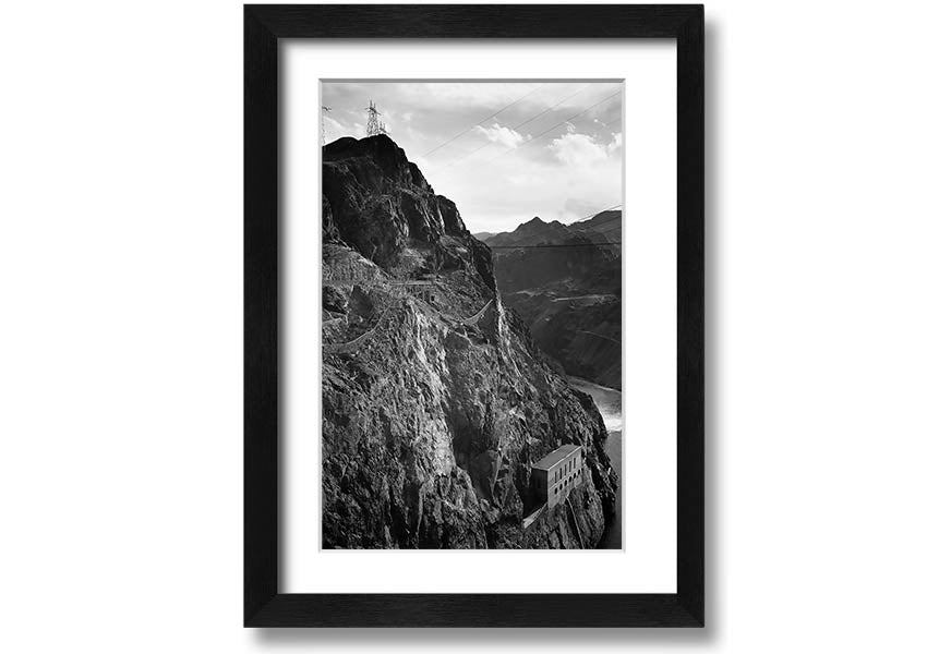 Framed print of Ansel Adams' Cliffs Above Boulder Dam, showcasing stunning black-and-white landscape photography.