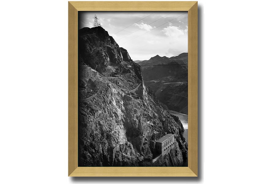 Framed print of Ansel Adams' Cliffs Above Boulder Dam, showcasing stunning black-and-white landscape photography.