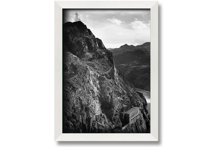 Framed print of Ansel Adams' Cliffs Above Boulder Dam, showcasing stunning black-and-white landscape photography.