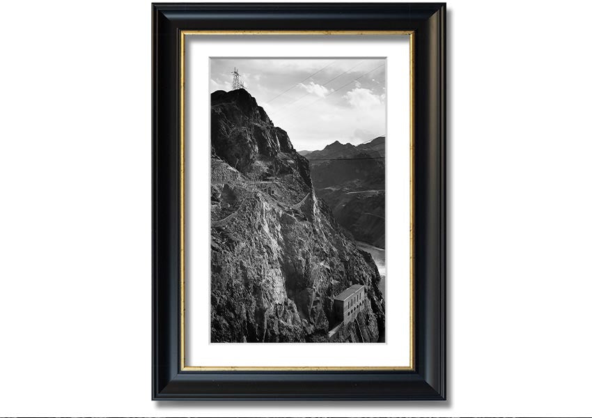 Framed print of Ansel Adams' Cliffs Above Boulder Dam, showcasing stunning black-and-white landscape photography.