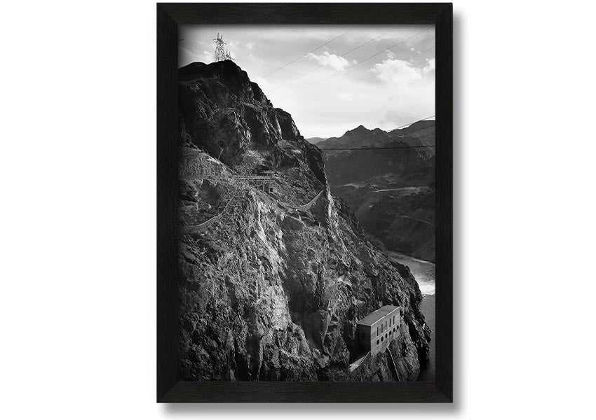 Framed print of Ansel Adams' Cliffs Above Boulder Dam, showcasing stunning black-and-white landscape photography.