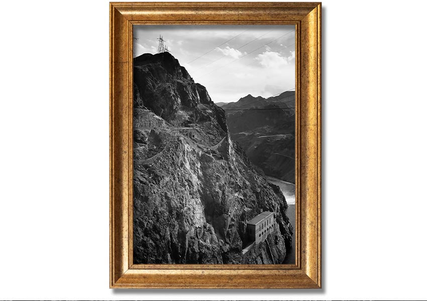 Framed print of Ansel Adams' Cliffs Above Boulder Dam, showcasing stunning black-and-white landscape photography.