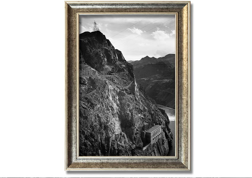 Framed print of Ansel Adams' Cliffs Above Boulder Dam, showcasing stunning black-and-white landscape photography.