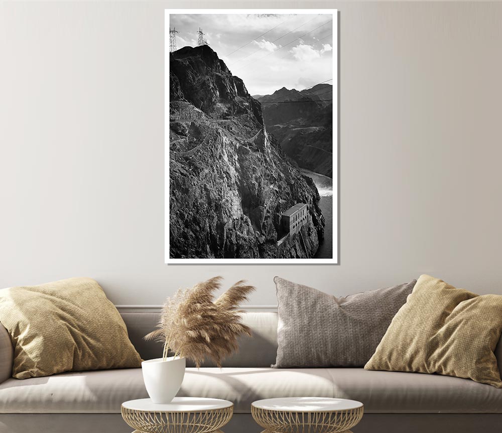 Ansel Adams Cliffs Above Boulder Dam canvas print showcasing majestic cliffs and serene waters.