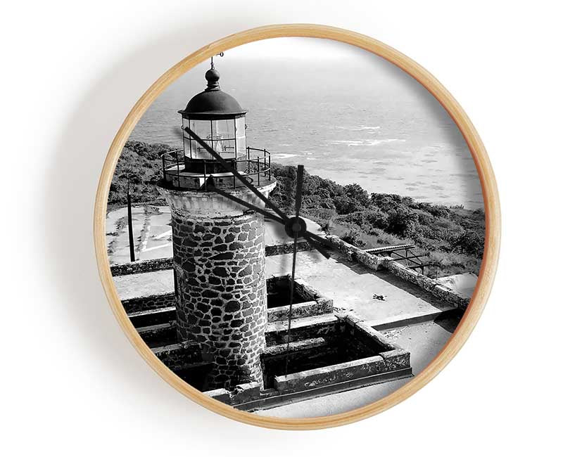 Ansel Adams Faro Isla De Culebritas clock made of natural bamboo with a round face, available in black, white, and natural frame colors.