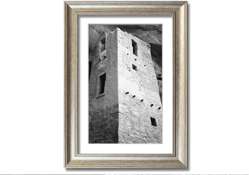 Framed print of Ansel Adams' Mesa Verde National Park Cliff Dwellings, showcasing intricate architecture and natural beauty.