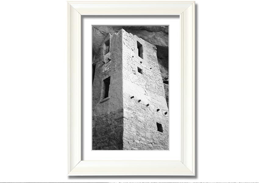 Framed print of Ansel Adams' Mesa Verde National Park Cliff Dwellings, showcasing intricate architecture and natural beauty.