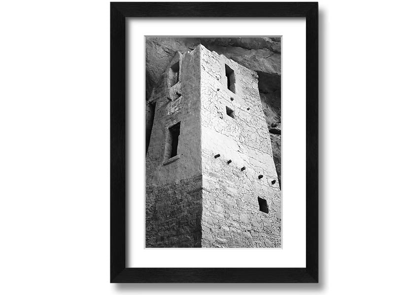 Framed print of Ansel Adams' Mesa Verde National Park Cliff Dwellings, showcasing intricate architecture and natural beauty.