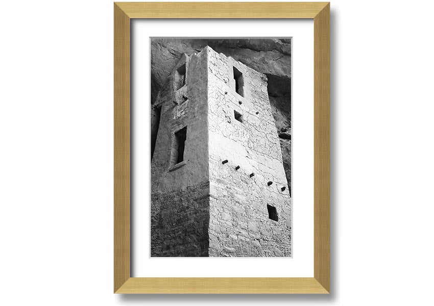 Framed print of Ansel Adams' Mesa Verde National Park Cliff Dwellings, showcasing intricate architecture and natural beauty.