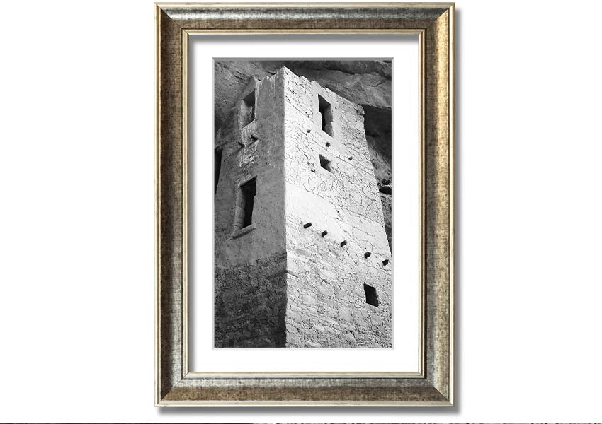 Framed print of Ansel Adams' Mesa Verde National Park Cliff Dwellings, showcasing intricate architecture and natural beauty.