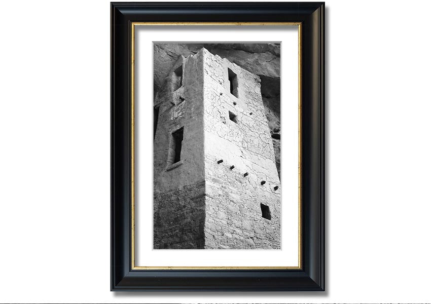 Framed print of Ansel Adams' Mesa Verde National Park Cliff Dwellings, showcasing intricate architecture and natural beauty.