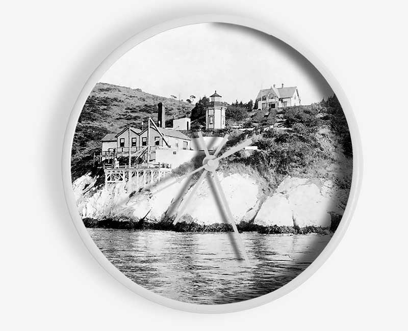 Ansel Adams Yerba Buena clock made from natural bamboo with a round face and clear Plexiglas lens, available in black, white, and natural frame colors.