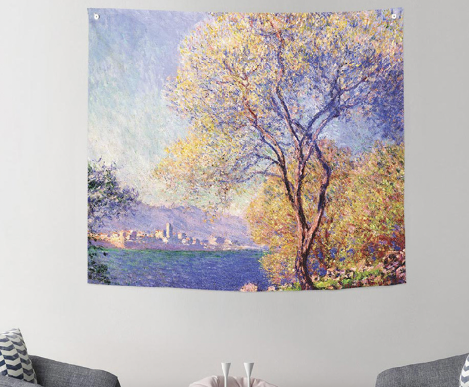 A vibrant fabric poster depicting Antibes from La Salis, showcasing the coastal beauty and modern design.