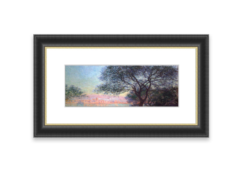 Framed print of Antibes Seen From La Salis by Monet, showcasing vibrant colors and serene coastal scenery.