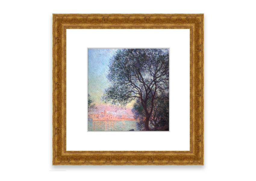 Framed print of Antibes Seen From La Salis by Monet, showcasing vibrant colors and serene coastal scenery.