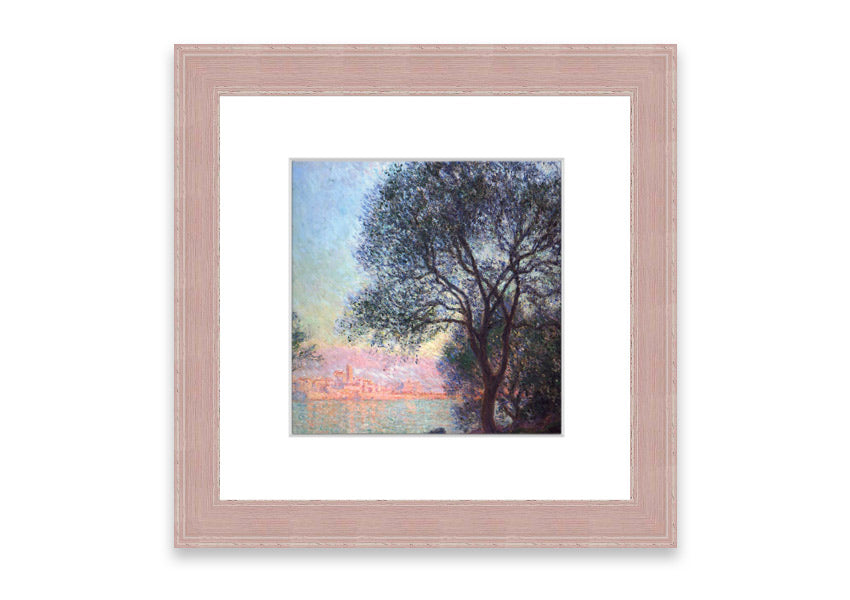 Framed print of Antibes Seen From La Salis by Monet, showcasing vibrant colors and serene coastal scenery.