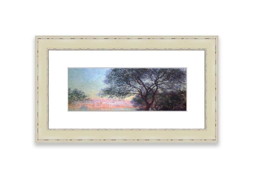 Framed print of Antibes Seen From La Salis by Monet, showcasing vibrant colors and serene coastal scenery.