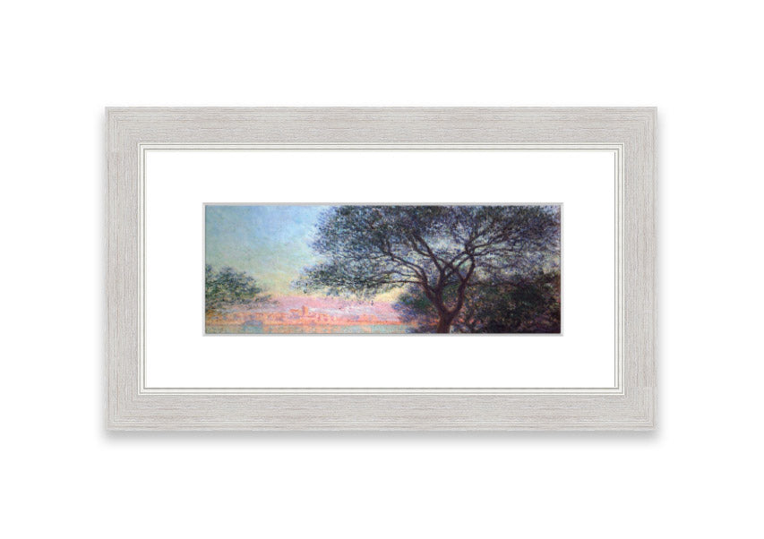 Framed print of Antibes Seen From La Salis by Monet, showcasing vibrant colors and serene coastal scenery.