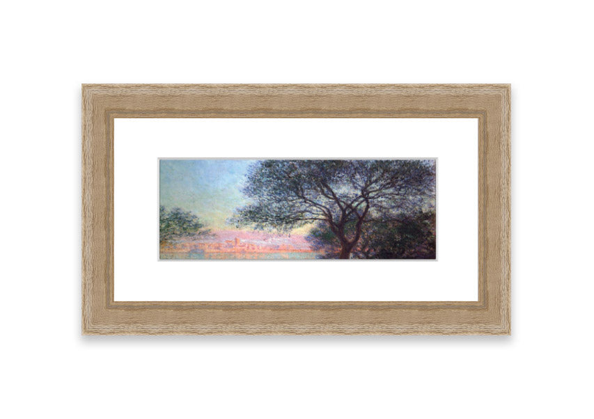 Framed print of Antibes Seen From La Salis by Monet, showcasing vibrant colors and serene coastal scenery.