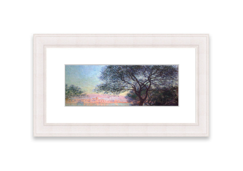 Framed print of Antibes Seen From La Salis by Monet, showcasing vibrant colors and serene coastal scenery.