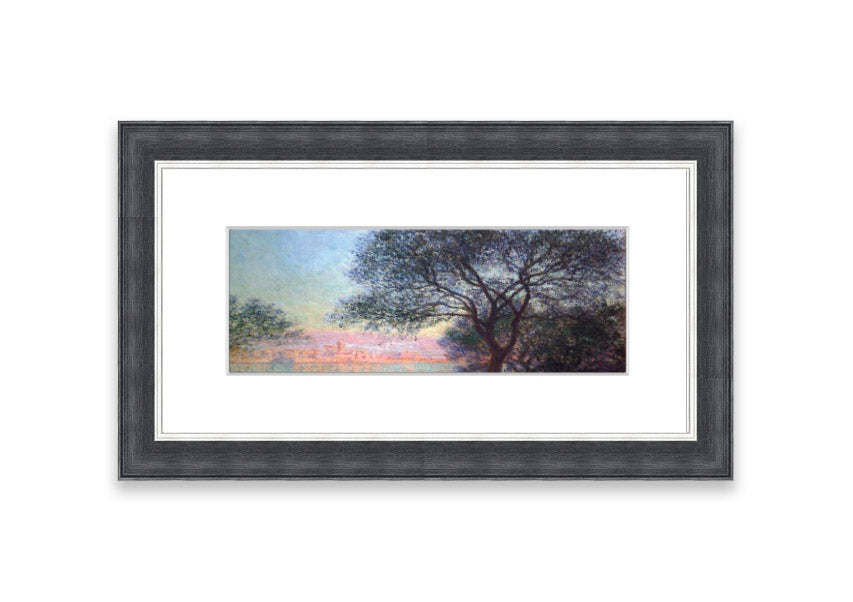 Framed print of Antibes Seen From La Salis by Monet, showcasing vibrant colors and serene coastal scenery.