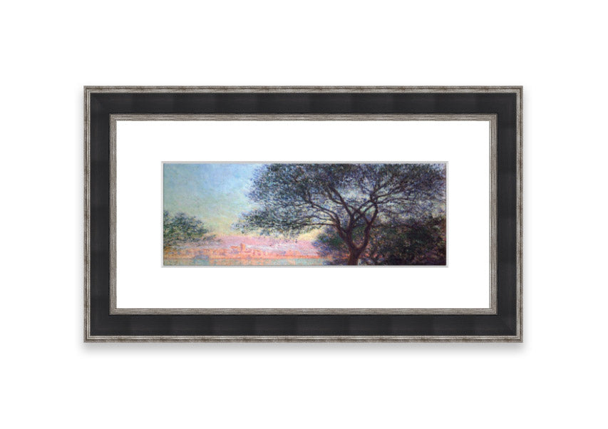 Framed print of Antibes Seen From La Salis by Monet, showcasing vibrant colors and serene coastal scenery.