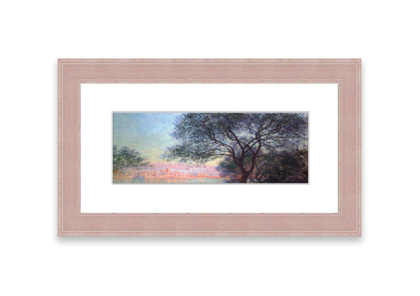 Framed print of Antibes Seen From La Salis by Monet, showcasing vibrant colors and serene coastal scenery.