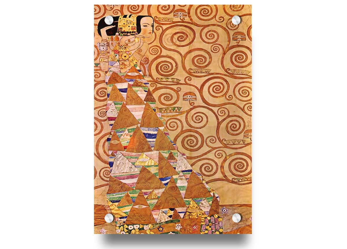 Acrylic print of Anticipation by Klimt, showcasing vibrant colors and intricate details on 5mm thick acrylic glass.