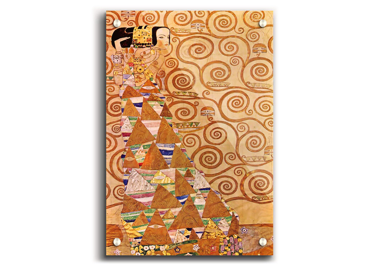 Acrylic print of Anticipation by Klimt, showcasing vibrant colors and intricate details on 5mm thick acrylic glass.