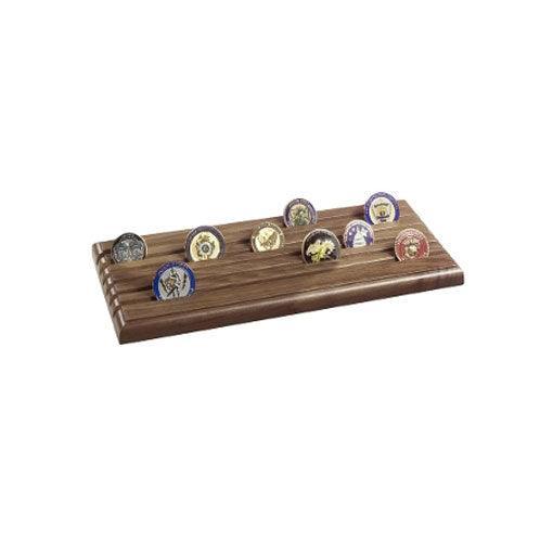 Antique Coin Display Holder made of walnut wood, showcasing military challenge coins elegantly.