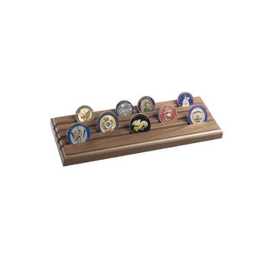 Antique Coin Display Holder made of walnut wood, showcasing military challenge coins elegantly.