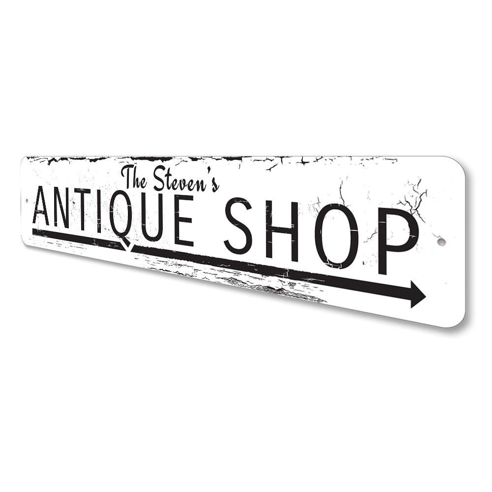 Antique Shop Arrow Sign made of high-quality aluminum, featuring customizable text and pre-drilled holes for easy mounting.