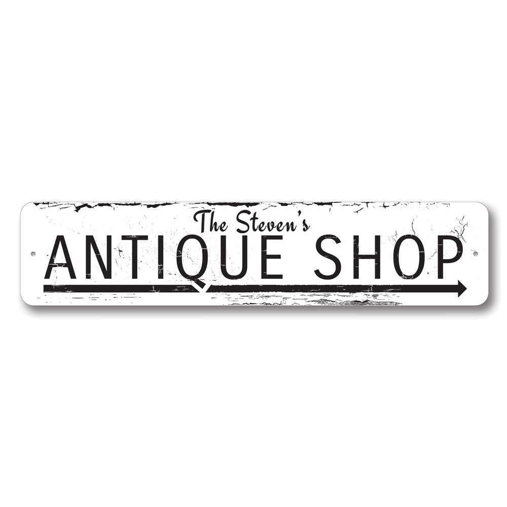 Antique Shop Arrow Sign made of high-quality aluminum, featuring customizable text and pre-drilled holes for easy mounting.