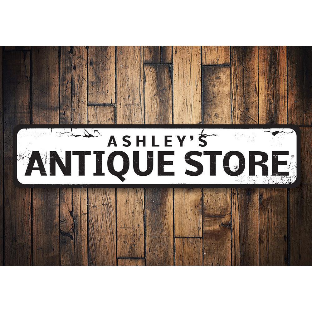 Antique Store Sign made of high-quality aluminum, featuring customizable text and pre-drilled holes for easy mounting.