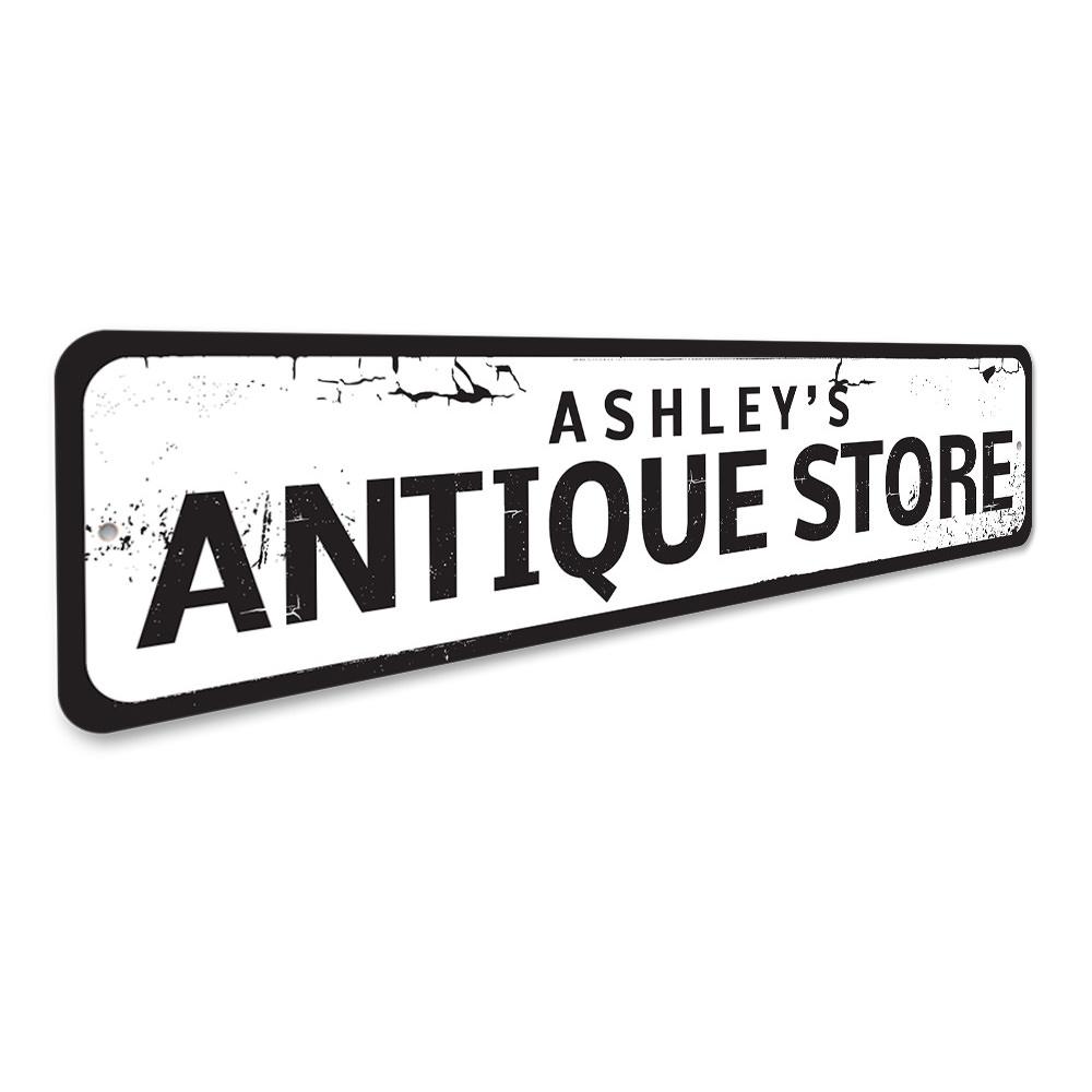 Antique Store Sign made of high-quality aluminum, featuring customizable text and pre-drilled holes for easy mounting.